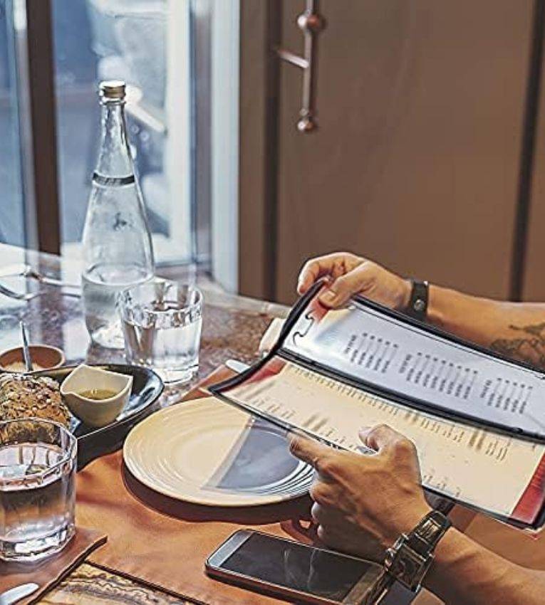 Menu de restaurant en plastique transparent avec bord en cuir , 6 pages, 12 vues, format A4 8,5 x 11 pouces